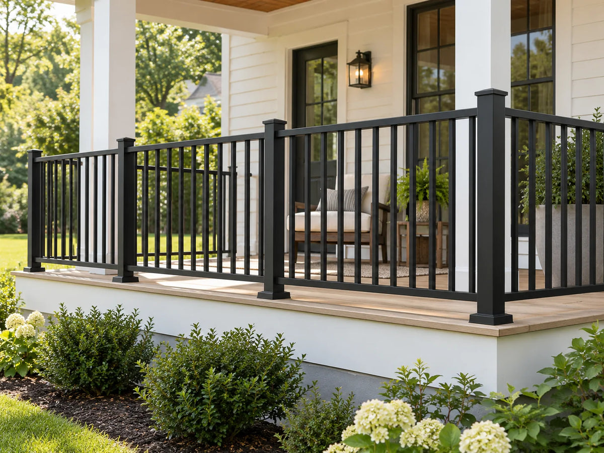 Black vertical aluminum picket railing on a level deck