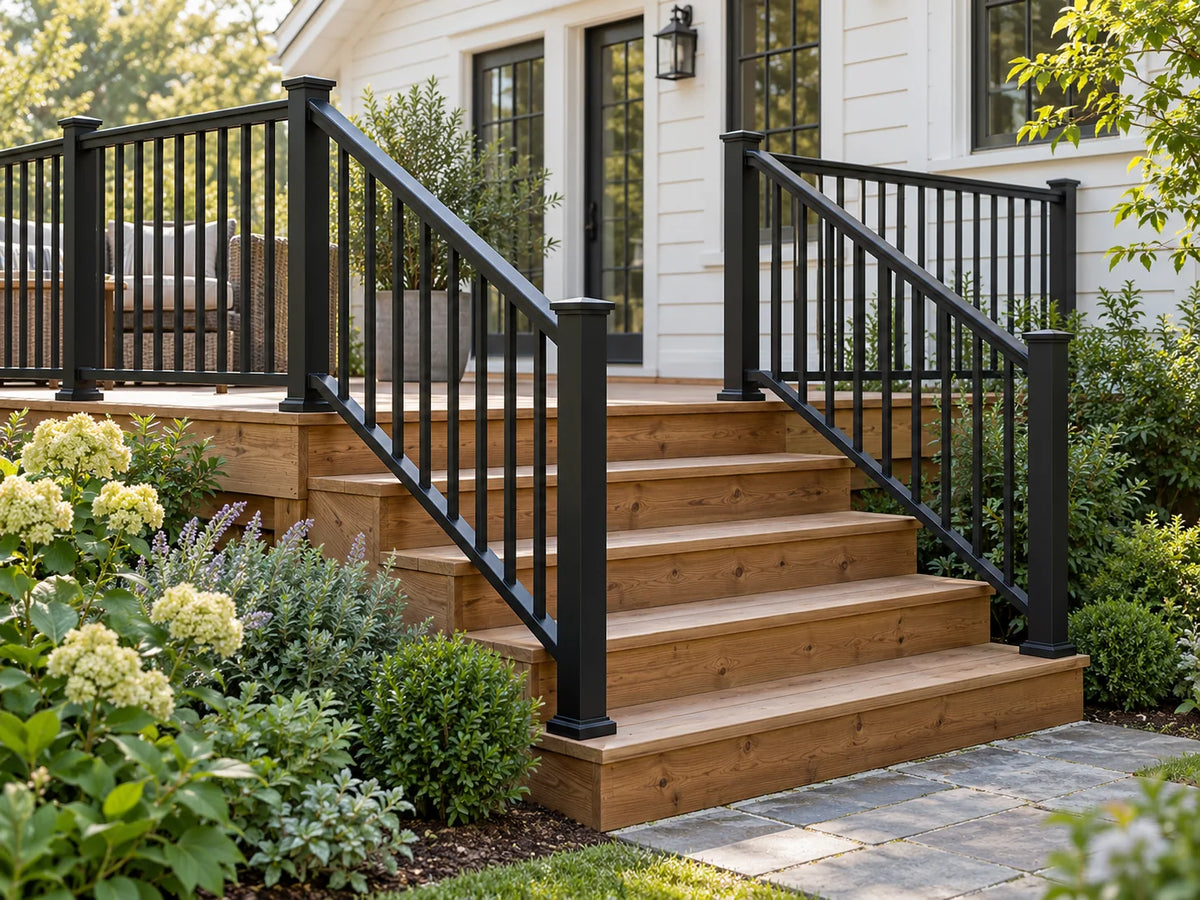 Black vertical aluminum picket railing along an outdoor staircase