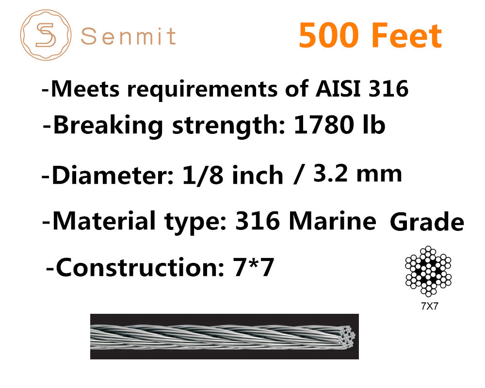 Senmit 1/8 Stainless Steel Aircraft Wire Rope for Deck Cable Railing Kit, 7 x 7 500 Feet 316 Marine Grade,SC500