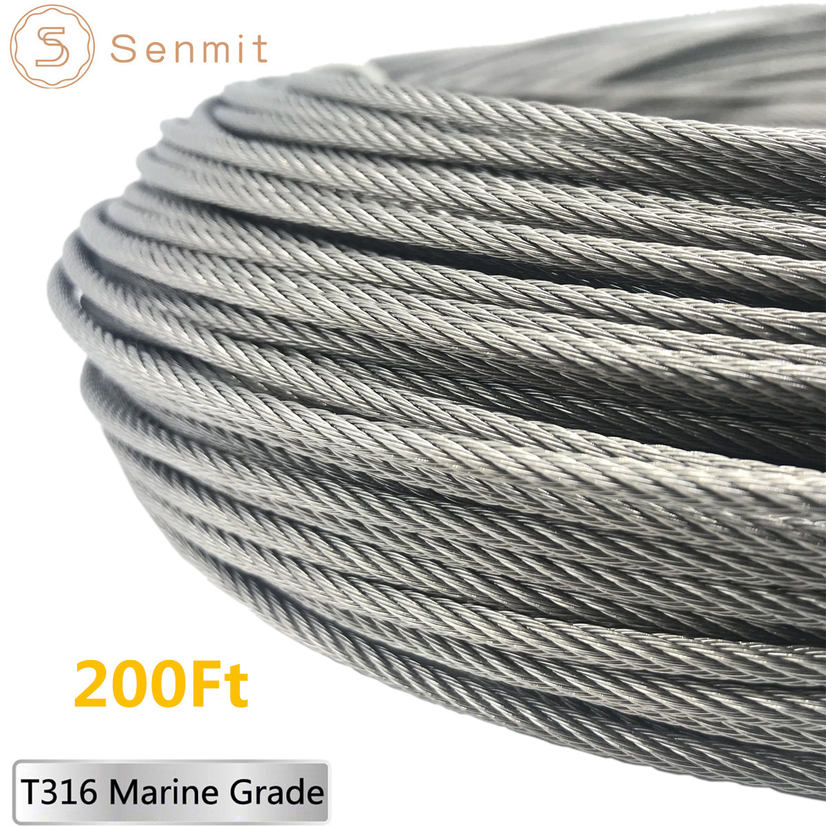 Senmit 1/8 Stainless Steel Aircraft Wire Rope for Deck Cable Railing Kit,7x7 200Feet T316 Marin Grade,SC200