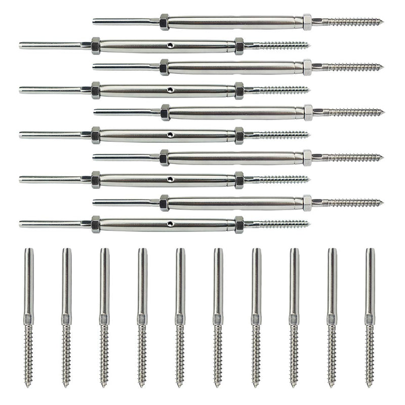 Senmit Lag Screw Swage Turnbuckle and lag Screws Cable Railing Tensioner Kit 1/8" 10 Pack,T316 Marine Grade Stainless Steel for Stair Deck Railing Wood Post Balusters Hardware System - Senmit 