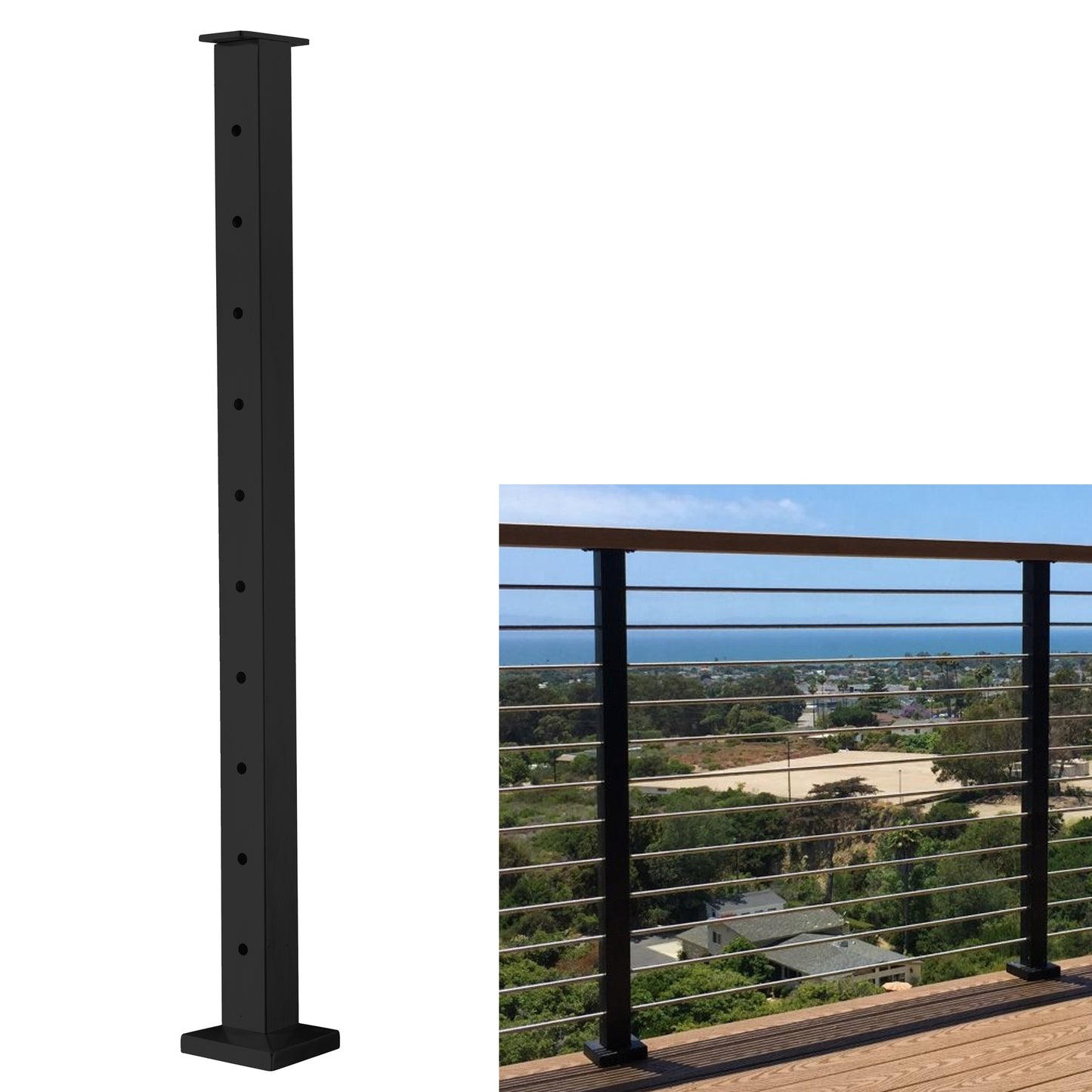 Senmit Surface Mount Cable Railing Post - Stainless Steel 2”x2” Square Flat top Matte Black-SP02