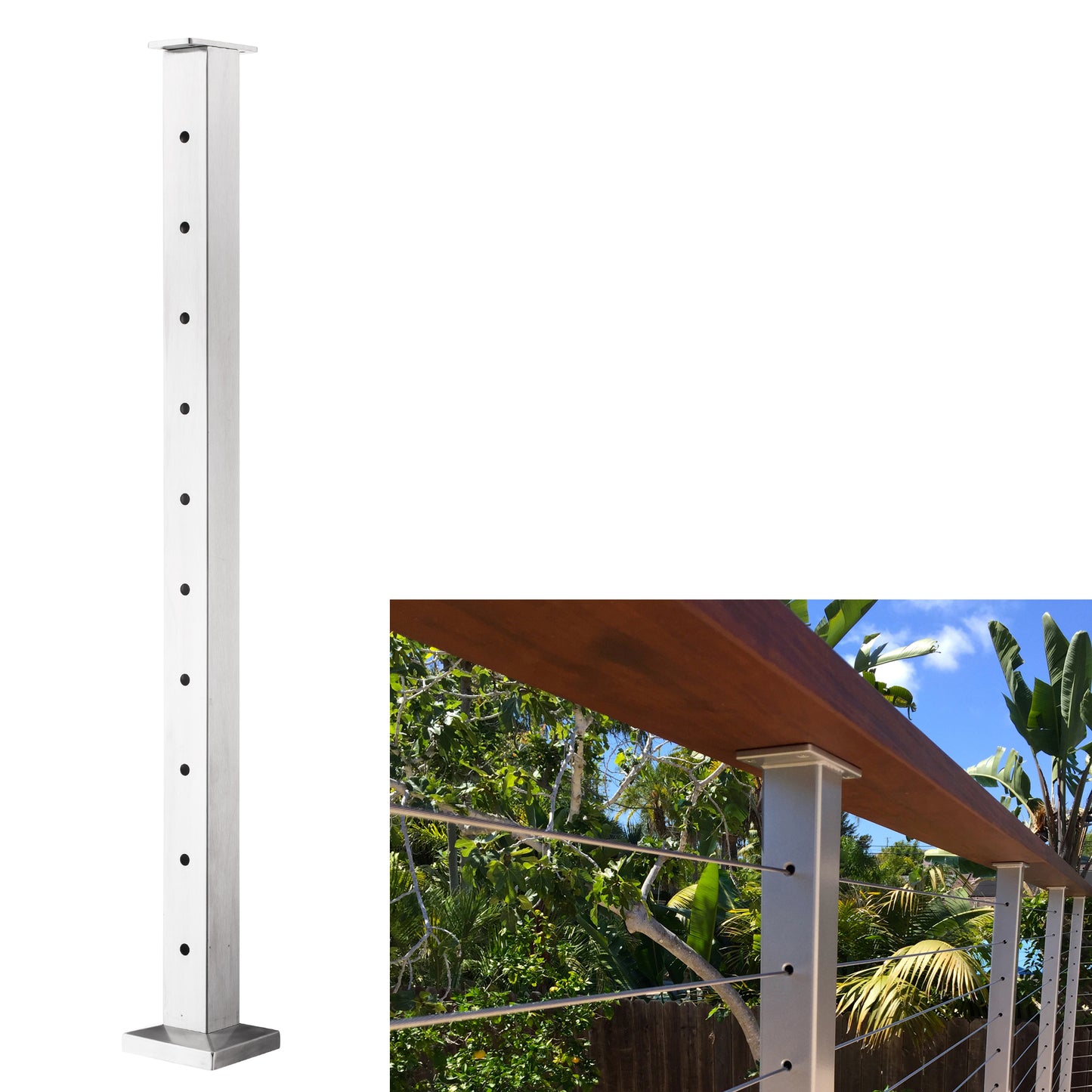 Senmit Surface Mount Cable Railing Post - Stainless Steel 2”x2” Square Flat top Brushed Finish-SP01