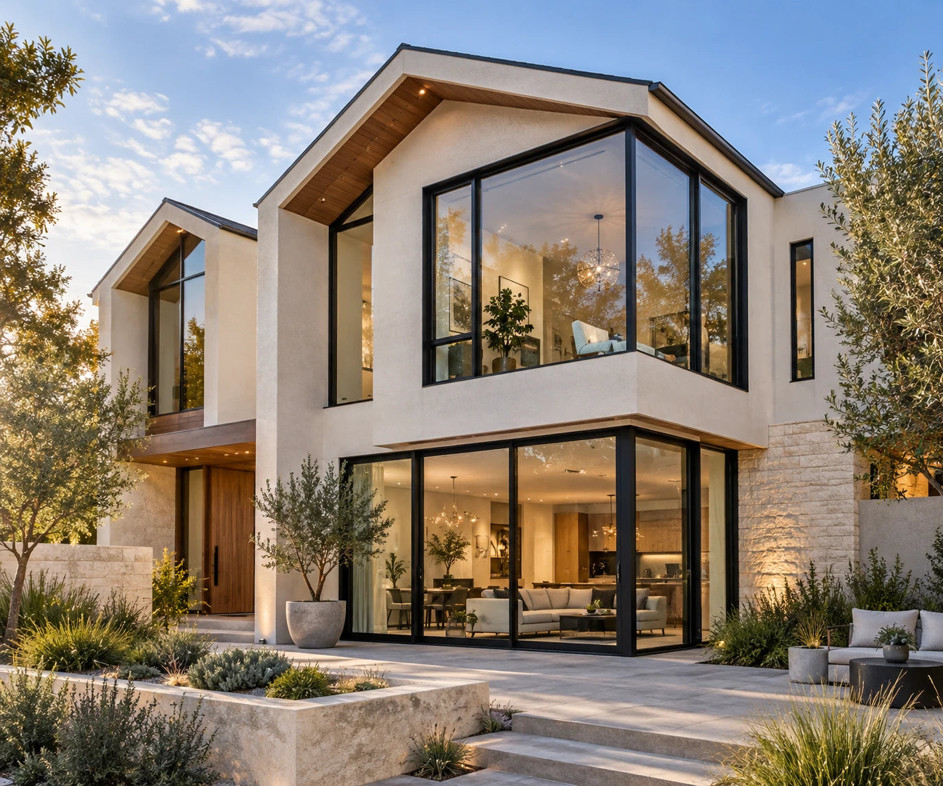 Modern home with custom black framed windows and doors.