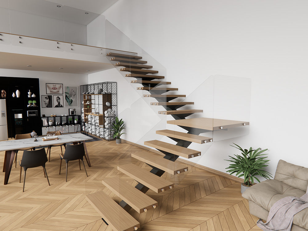 Modern floating staircase in open-concept living space.