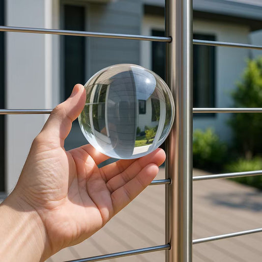 A hand holding a clear 4-inch diameter sphere next to a metal railing to demonstrate the 4-inch sphere rule for railing safety inspections.