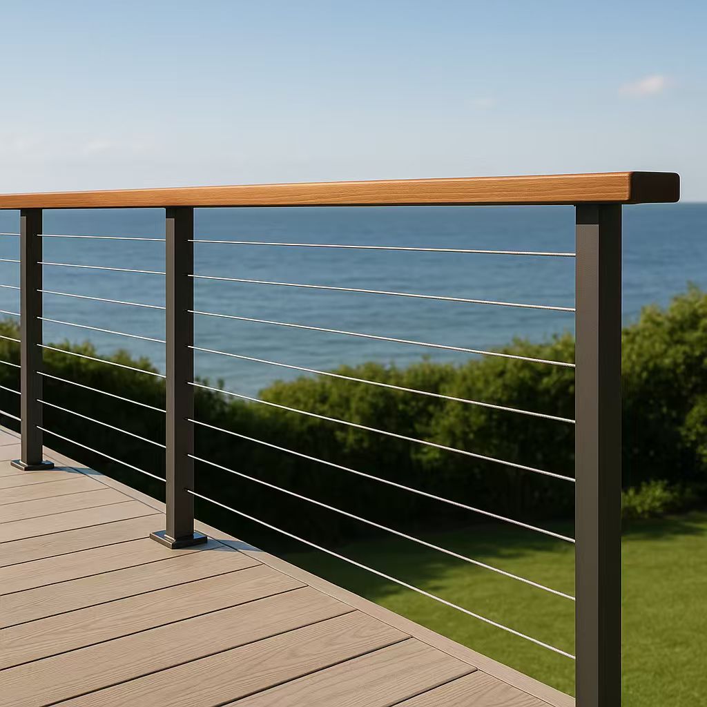 Modern outdoor deck with sleek cable railing and wooden handrail overlooking a scenic ocean view.