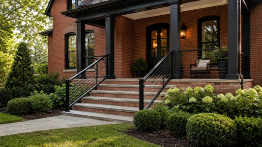 Red brick home with black cable railing and landscaped front porch