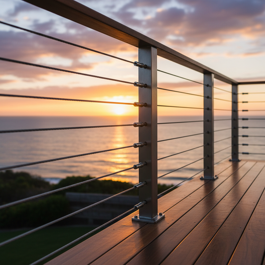 Modern coastal deck with marine-grade stainless steel cable railing during golden hour, showcasing material durability and transparency.