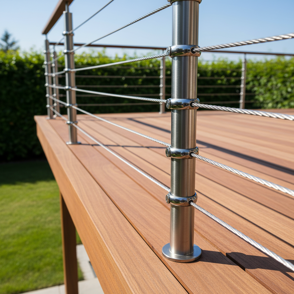 Professional installation of stainless steel cable railing on a modern deck with tensioned cables and swage fittings