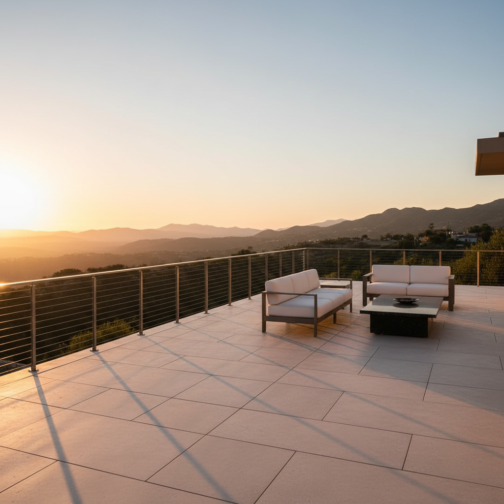 A modern luxury deck with stainless steel cable railing at sunset, overlooking a beautiful landscape with mountains in the distance