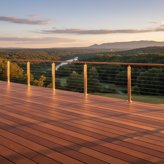 A professional architectural shot of a modern residential deck featuring a sleek cable railing system overlooking a scenic landscape during golden hour.