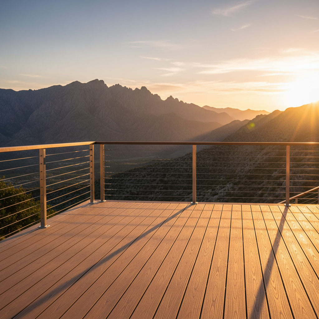 A modern luxury deck with stainless steel cable railings overlooking a scenic mountain vista at golden hour