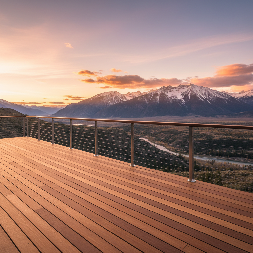 An aspirational architectural shot of a modern deck with cable railing in golden hour lighting, showcasing the clean design and scenic view.