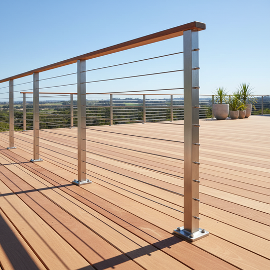 A modern stainless steel cable railing system installed on a residential deck with clean architectural lines