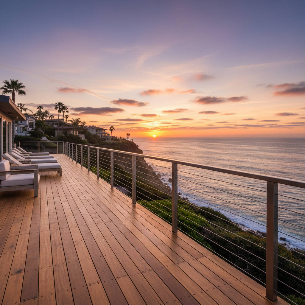 A professional architectural shot of a high-end coastal deck featuring T316 stainless steel cable railing, overlooking a serene ocean sunset.