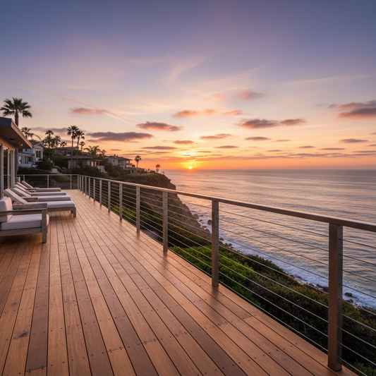 A professional architectural shot of a high-end coastal deck featuring T316 stainless steel cable railing, overlooking a serene ocean sunset.