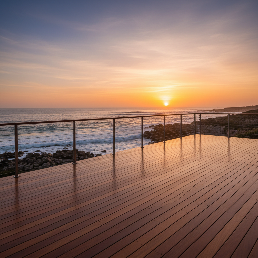 A professional architectural shot of a high-end modern deck with a sleek cable railing system overlooking a scenic ocean coastline at sunset.