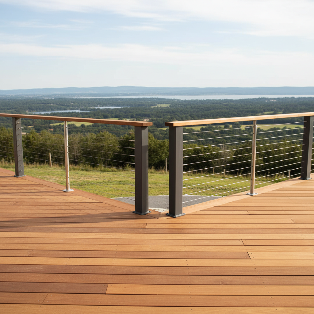 Modern deck with side-by-side comparison of horizontal and vertical cable railing systems against a scenic outdoor backdrop