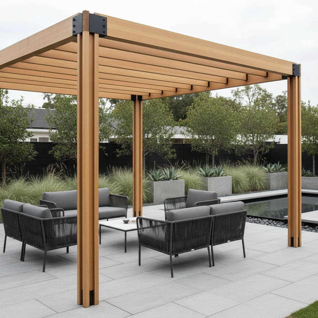 A minimalist modern pergola with sleek black hardware and clean wood beams in a contemporary backyard setting