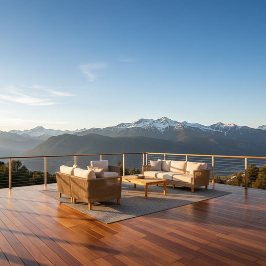A modern luxury deck with invisible cable railing overlooking a scenic mountain landscape, showcasing minimalist design that maximizes the view