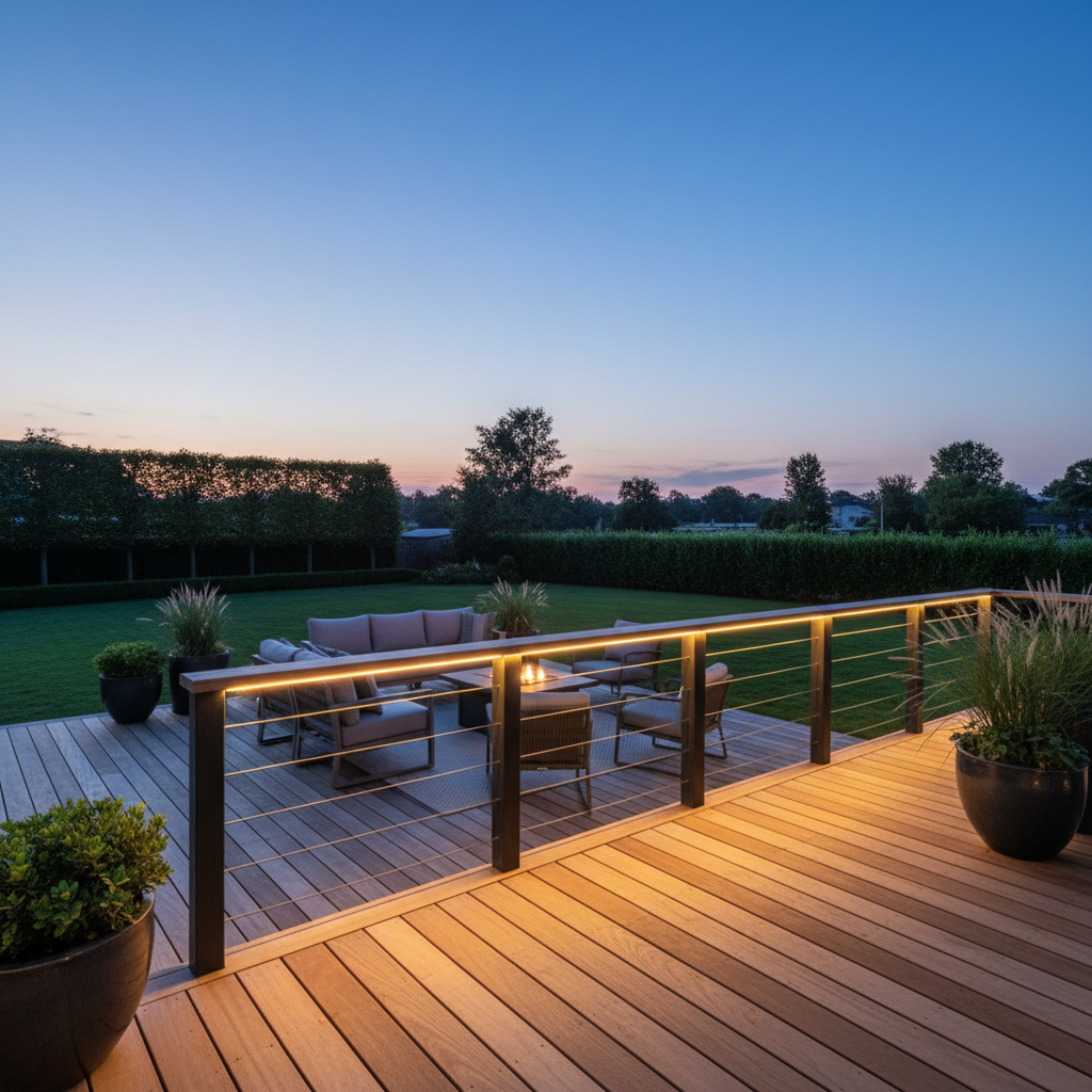 Modern deck at dusk with glowing LED handrails illuminating the wooden decking and outdoor furniture