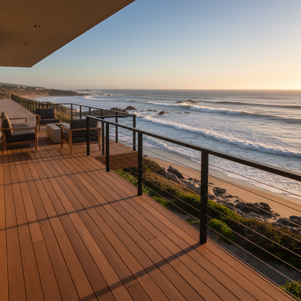 Contemporary luxury deck with sleek black cable railing overlooking a dramatic ocean coastline at golden hour
