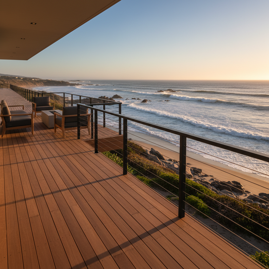 Contemporary luxury deck with sleek black cable railing overlooking a dramatic ocean coastline at golden hour
