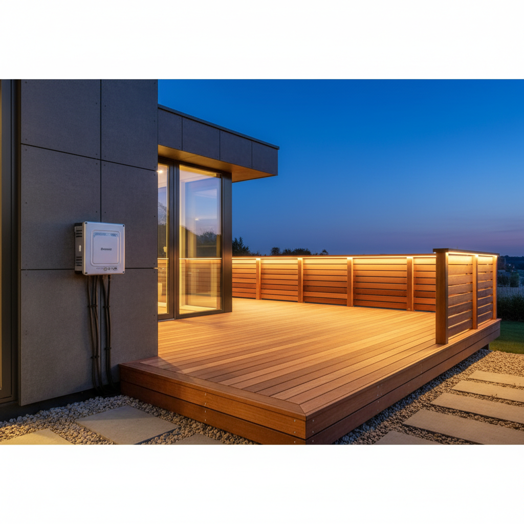 Modern deck at dusk with glowing LED rail lighting and visible transformer installation