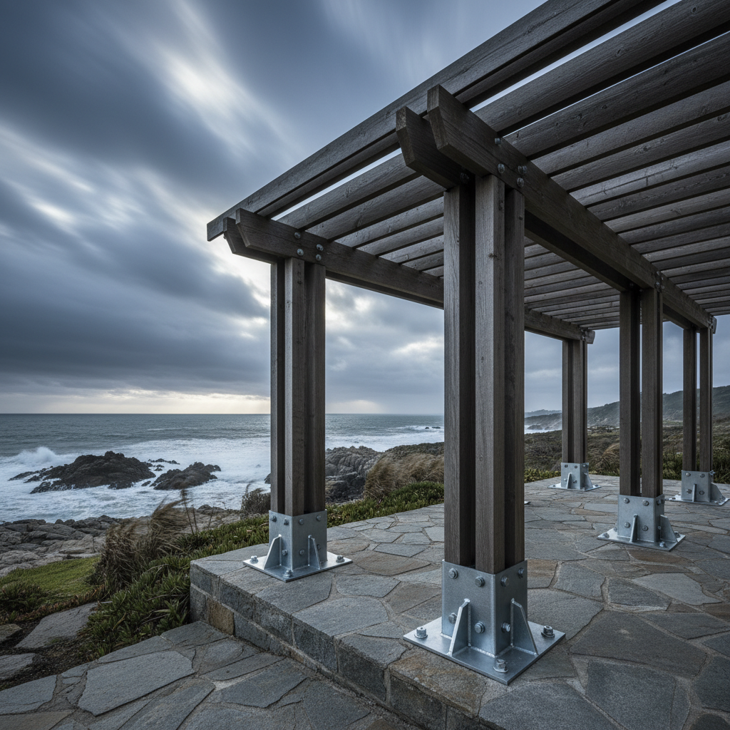 A professional architectural shot of a modern pergola with heavy-duty anchoring hardware in a coastal, high-wind environment.
