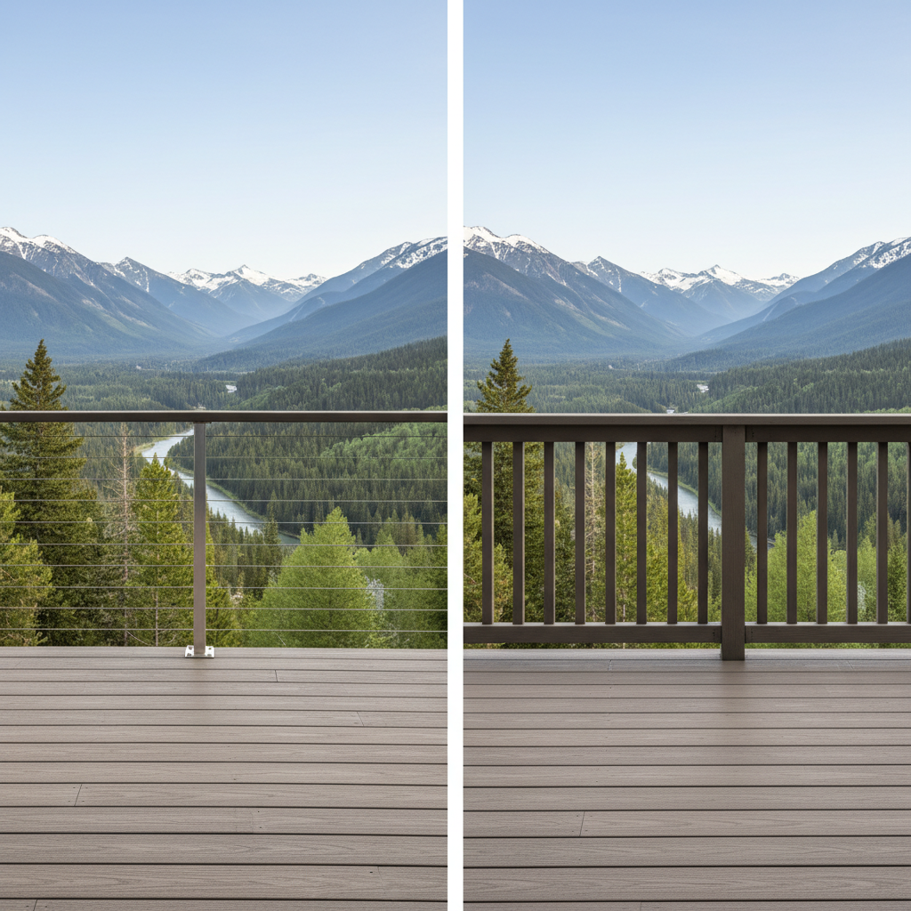 Split view comparison of cable railing system with unobstructed mountain view versus traditional wood balusters on a modern deck
