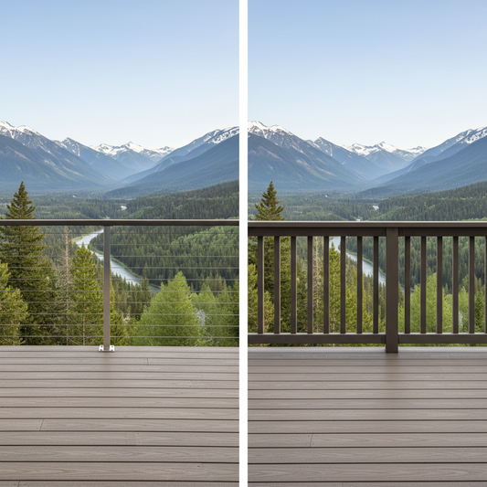 Split view comparison of cable railing system with unobstructed mountain view versus traditional wood balusters on a modern deck