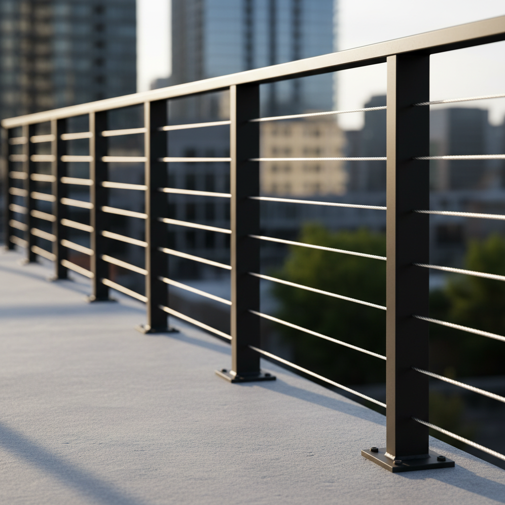 Modern cable railing system installed on a concrete balcony with stainless steel cables tensioned between powder-coated posts