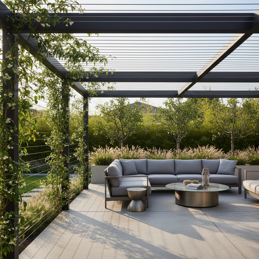 Modern outdoor pergola with cable privacy screens providing shade and visual interest in a contemporary backyard setting