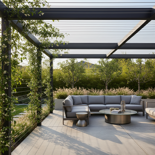 Modern outdoor pergola with cable privacy screens providing shade and visual interest in a contemporary backyard setting