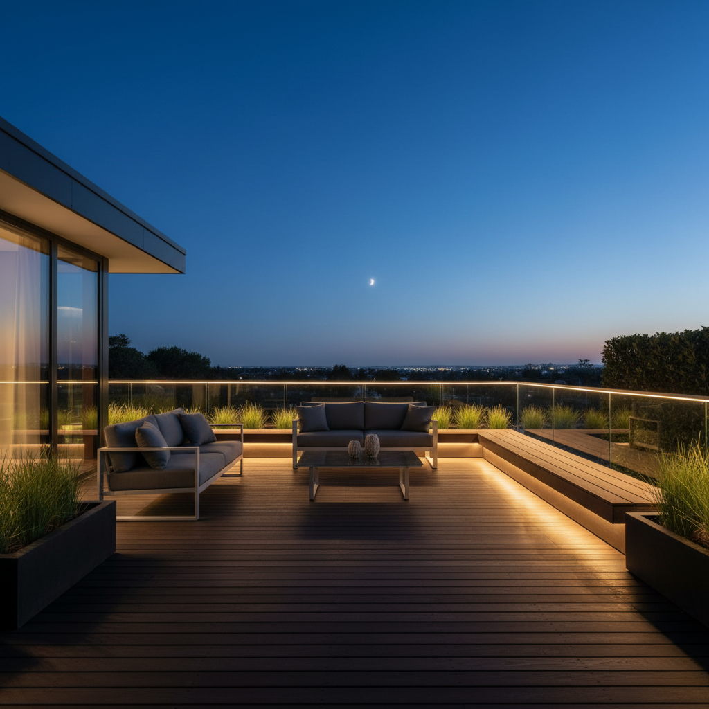 Modern deck at night with elegant LED handrail lighting illuminating the outdoor space