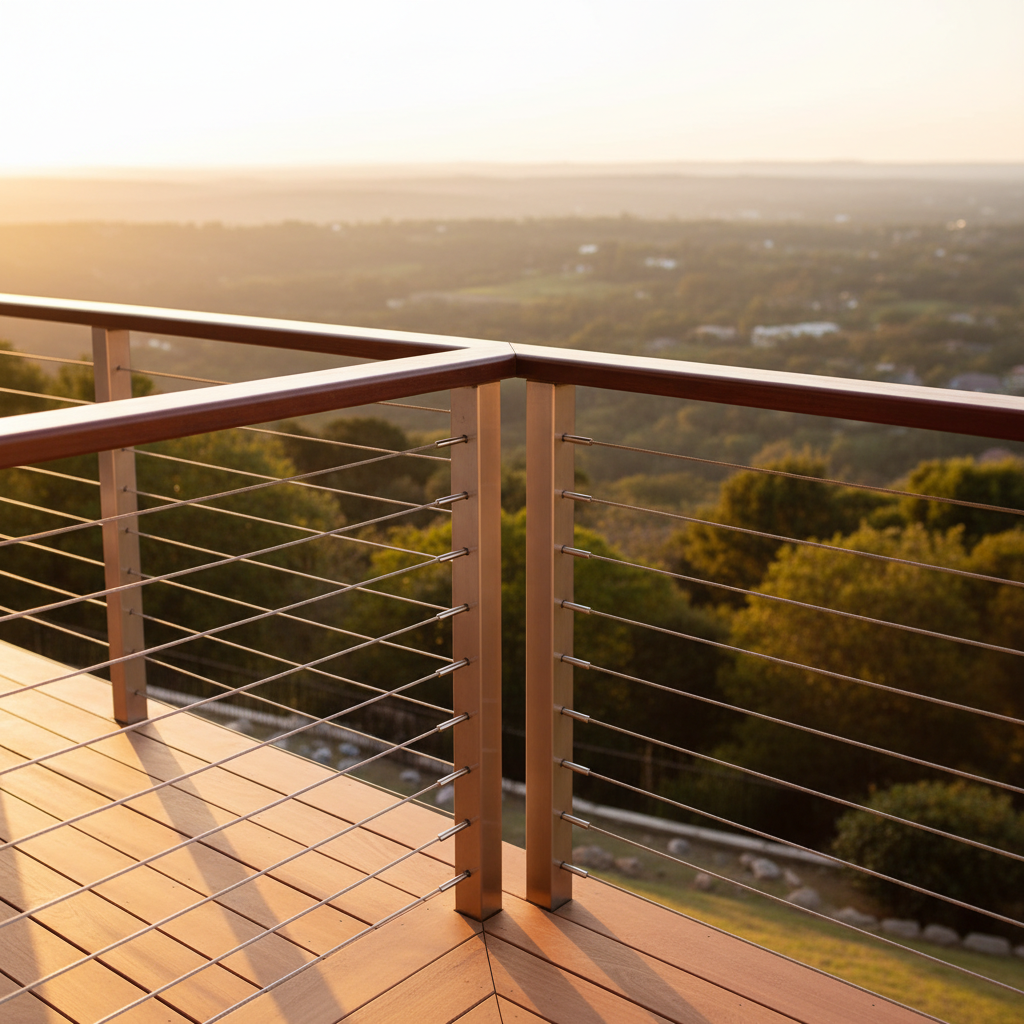 A professional architectural photo of a modern deck featuring a corner post cable railing system with a clean 90-degree turn and a wooden top rail.