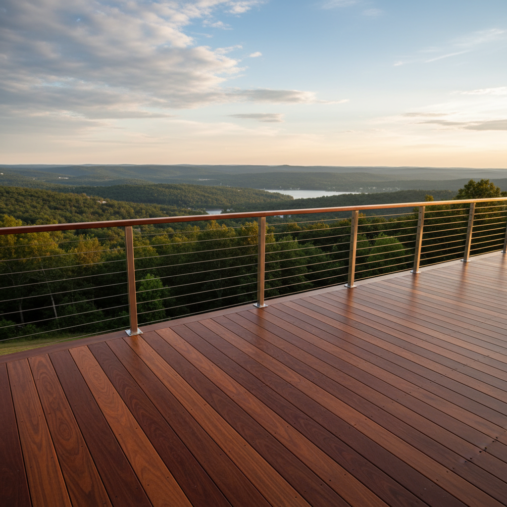 A beautiful high-end Ipe wood deck with stainless steel cable railing system overlooking a scenic view