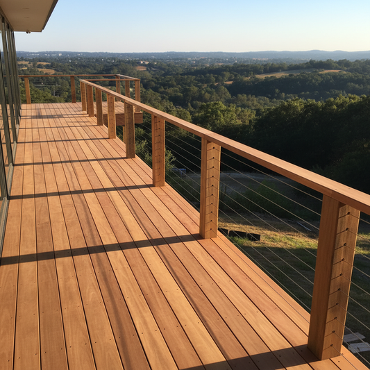 Wood deck with cable railing and scenic hillside view