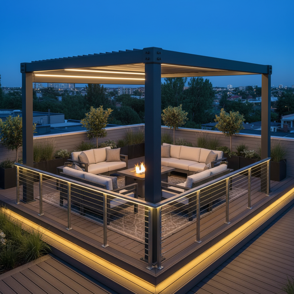 A high-end modern outdoor living space at dusk featuring integrated cable railing with LED lighting, a contemporary aluminum pergola, and a comfortable seating area with warm ambient lighting.