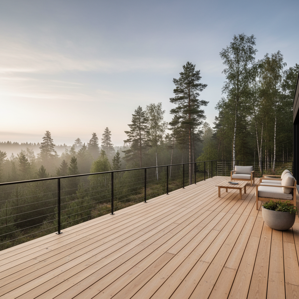 Wide-angle view of a minimalist Scandinavian-style deck with light wood decking and sleek metal cable railing overlooking a natural landscape