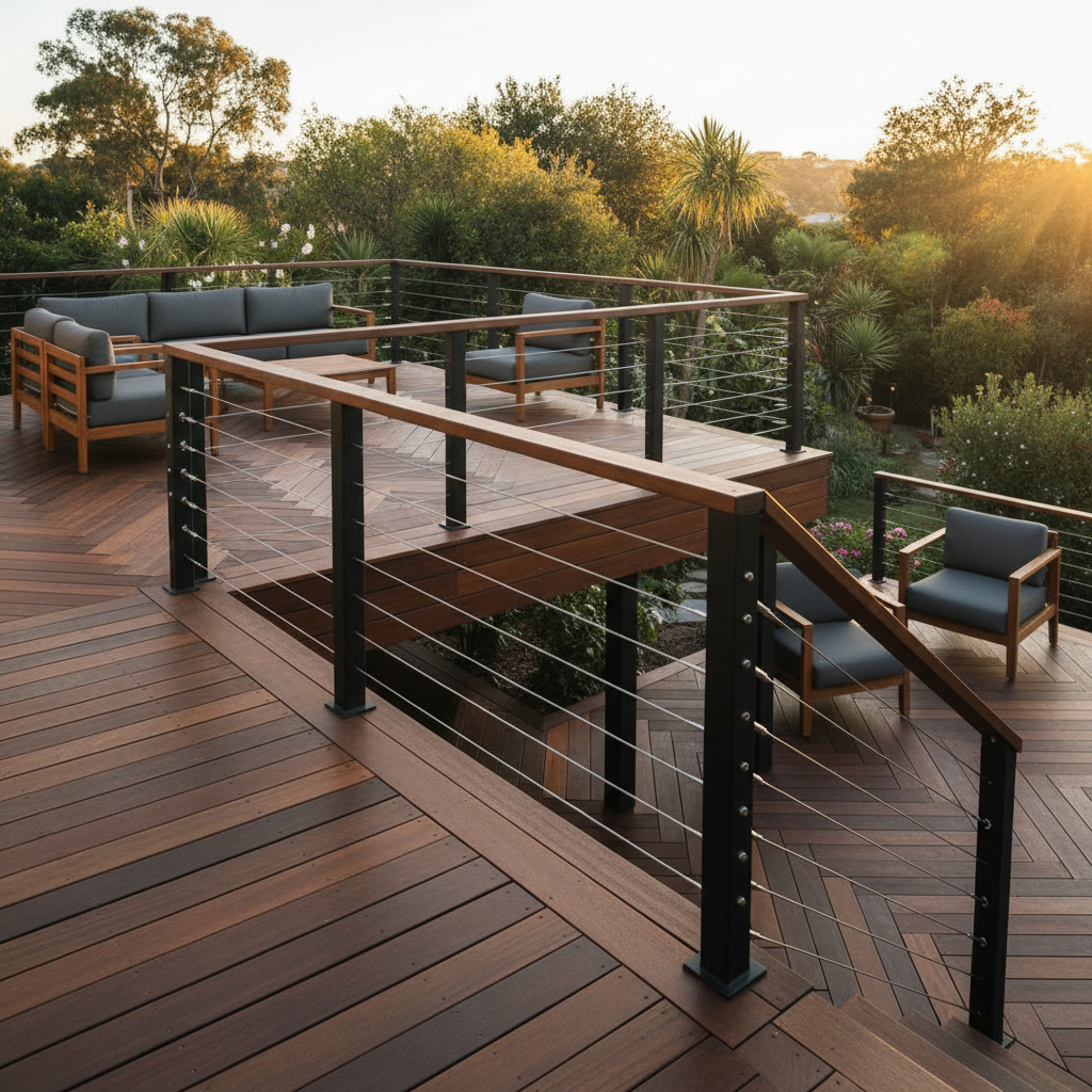 A high-end, multi-level residential deck with modern cable railing, showing transitions between levels.