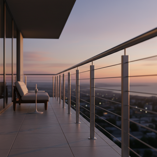 A dramatic architectural shot showing modern stainless steel cable railings on a luxury balcony at dusk, emphasizing clean lines, material textures, and sophisticated design in context.