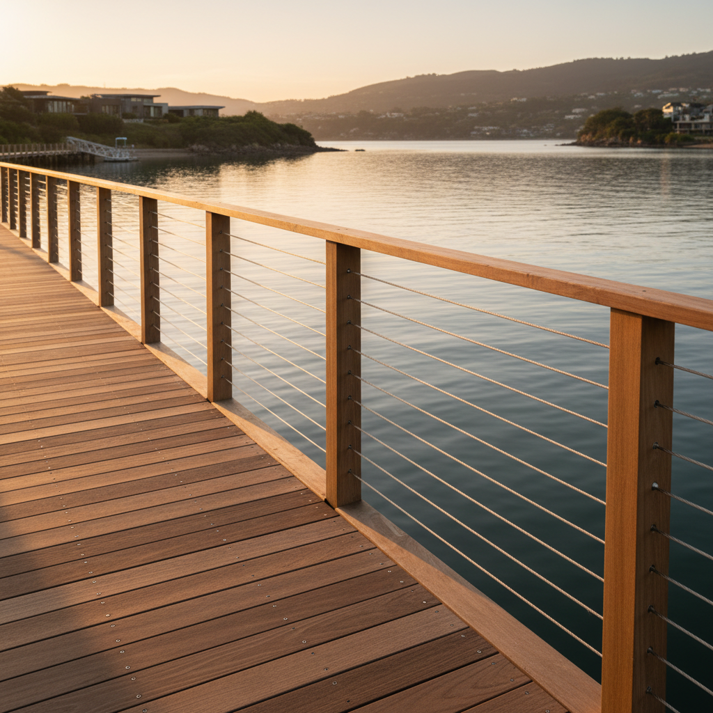 A wooden dock with stainless steel cable railing overlooking a calm bay at golden hour, showing the complete railing system in a marine environment