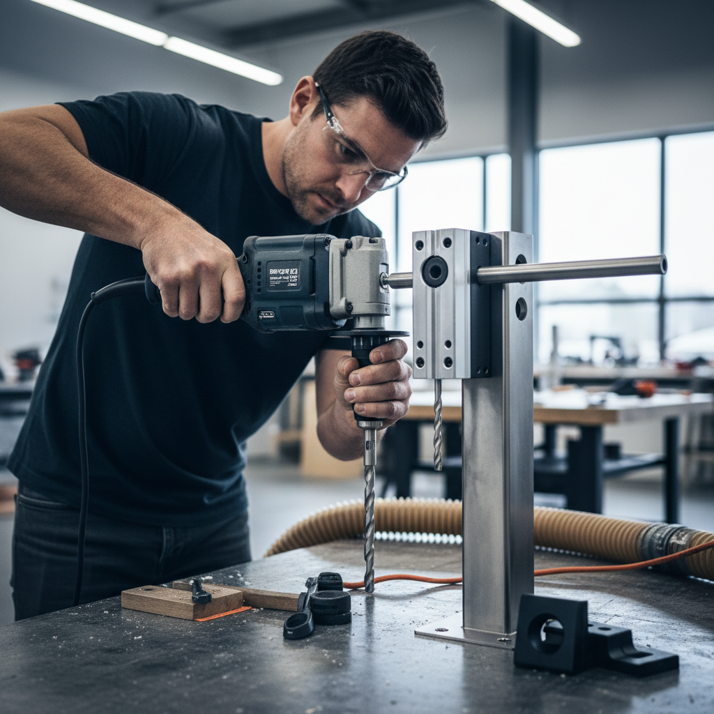 Professional carpenter using a drilling jig to create perfectly aligned cable holes in a stainless steel post for a modern cable railing system