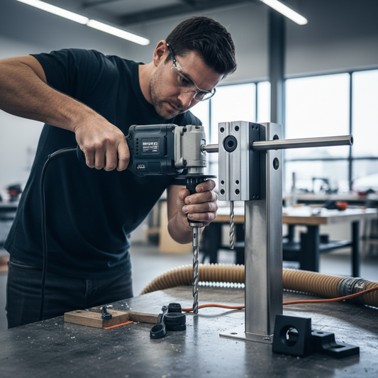 Professional carpenter using a drilling jig to create perfectly aligned cable holes in a stainless steel post for a modern cable railing system