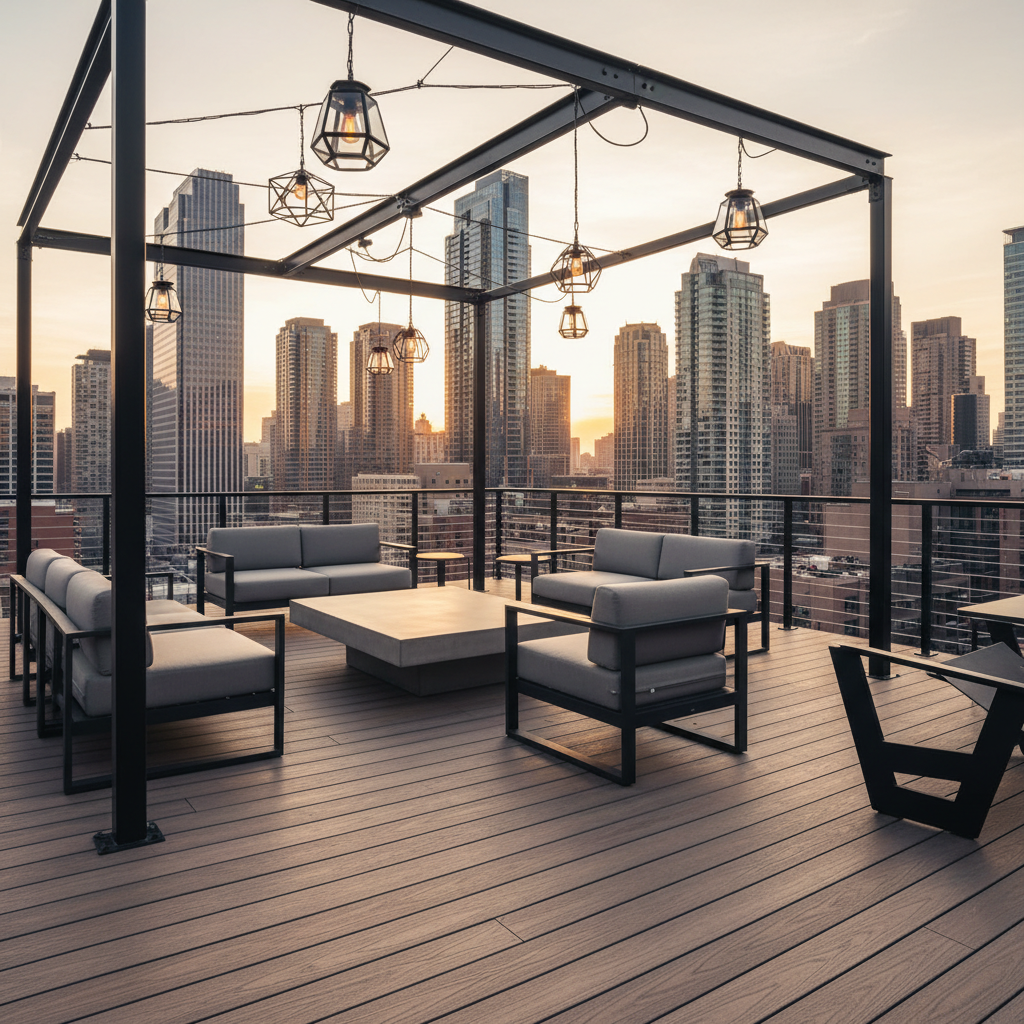 Wide-angle view of a contemporary industrial-style deck featuring composite decking, black cable railings, and modern outdoor furniture against an urban backdrop