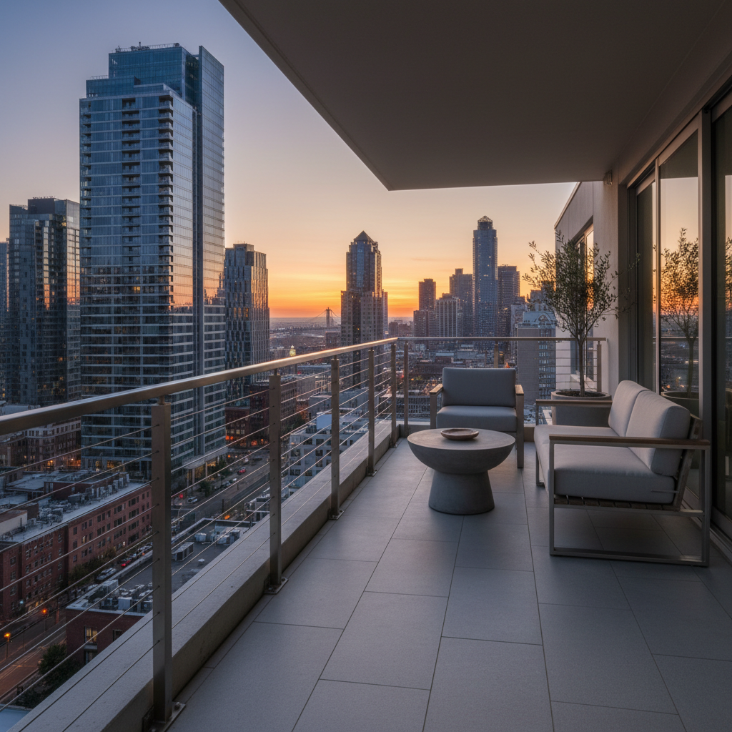 A small, modern balcony with fascia-mounted cable railing overlooking a city skyline, demonstrating how the system maximizes space and views.