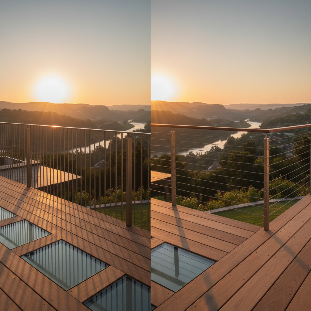 Modern residential deck at sunset with split view comparing rod railing (left) and cable railing (right), showing minimalist versus architectural styles