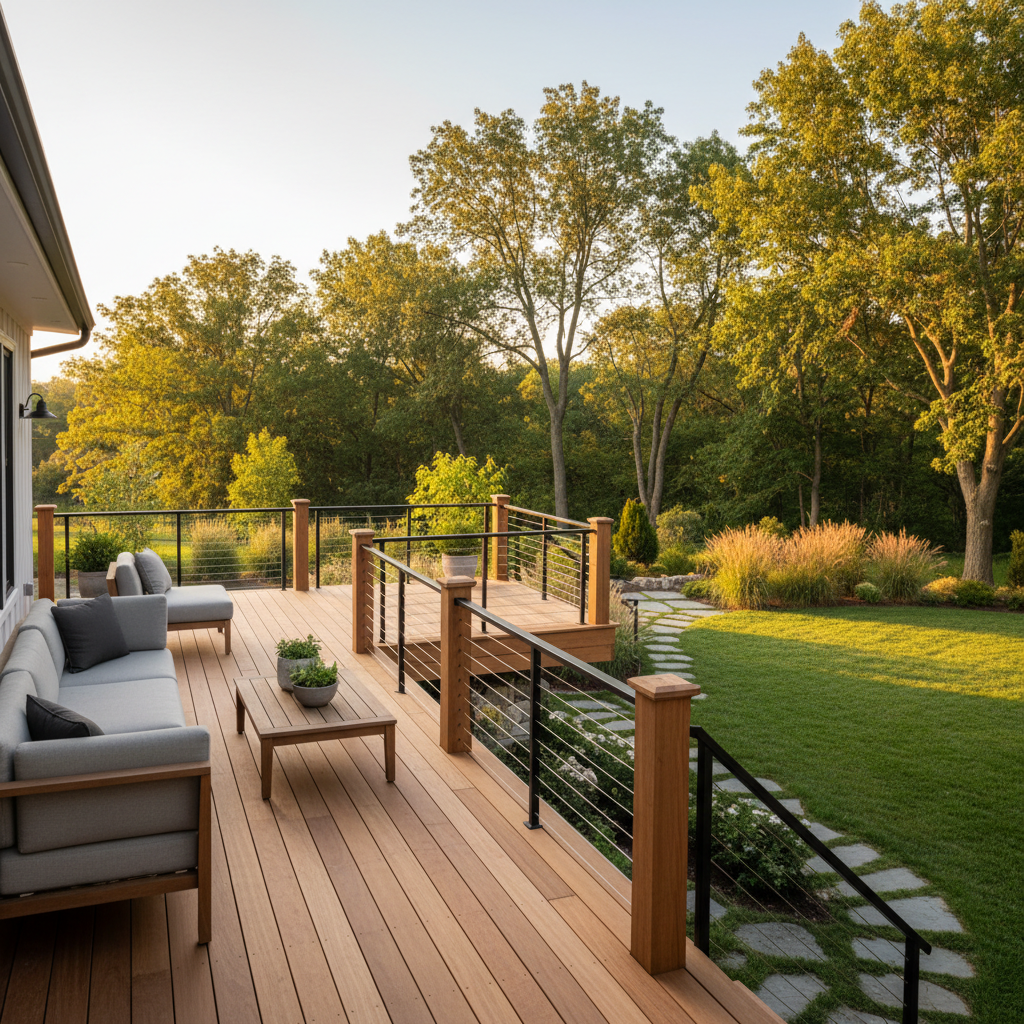 Modern farmhouse deck with black cable railing and natural wood posts overlooking a scenic backyard landscape